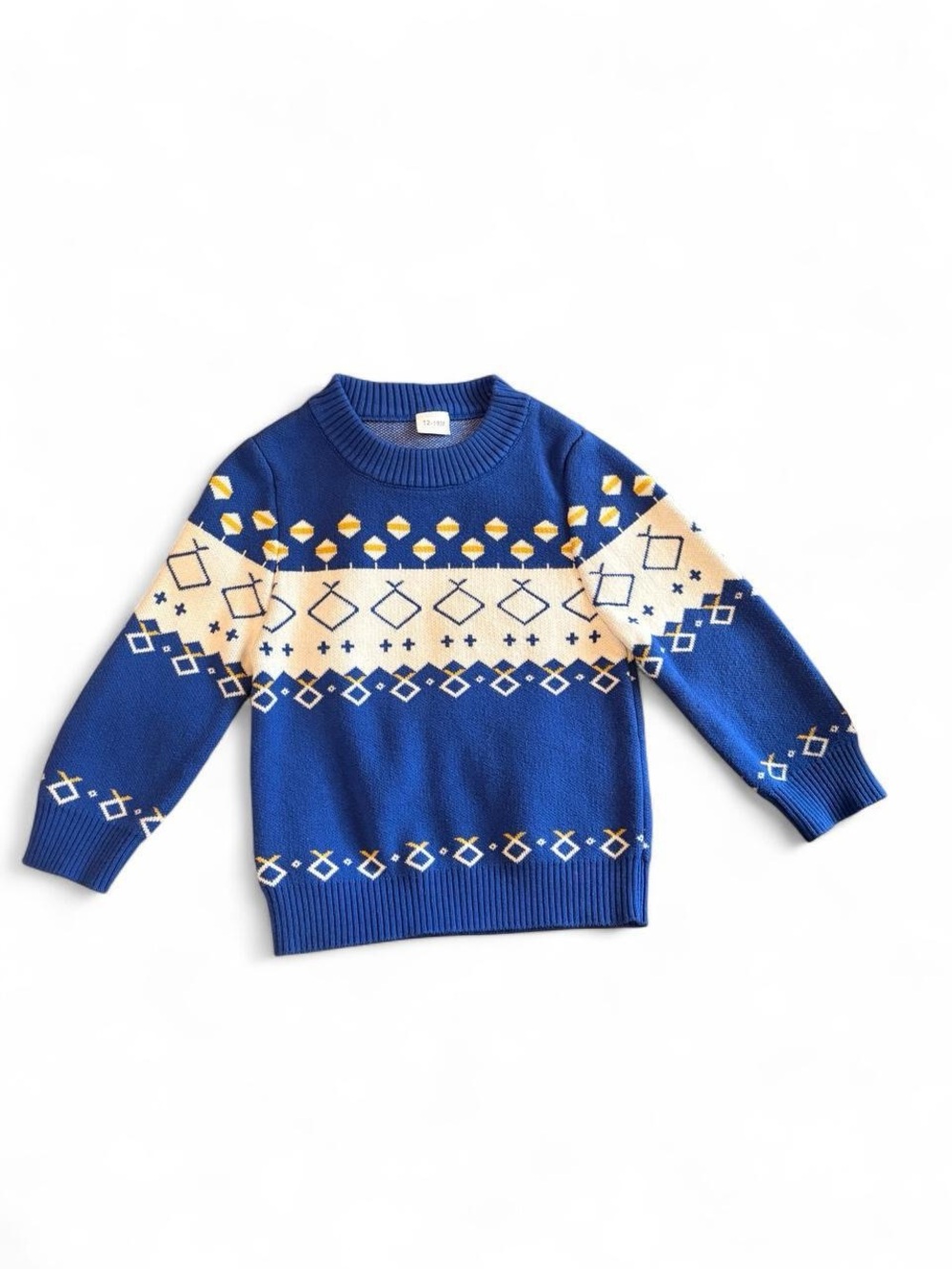 Blue Fair Isle Knit Sweater with Cream & Yellow Pattern